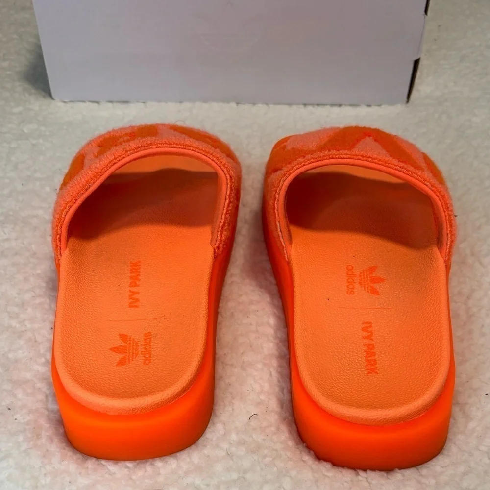 Ivy Park x Adidas Screaming Orange Terry Cloth Logo Platform Slides